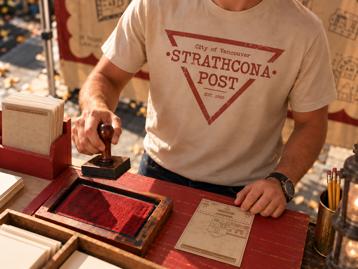 People stamping a Strathcona Post card